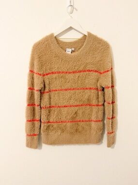 ICHI Tan Red Striped Crew Neck Sweater Fuzzy Size Small S